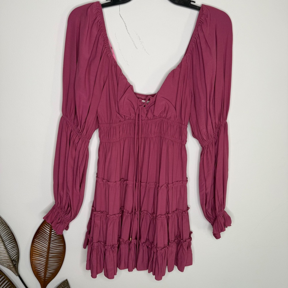 Mustard Seed Magenta Pink Smocked Tiered Mini Dress Lace Up Long Sleeve S20355 S